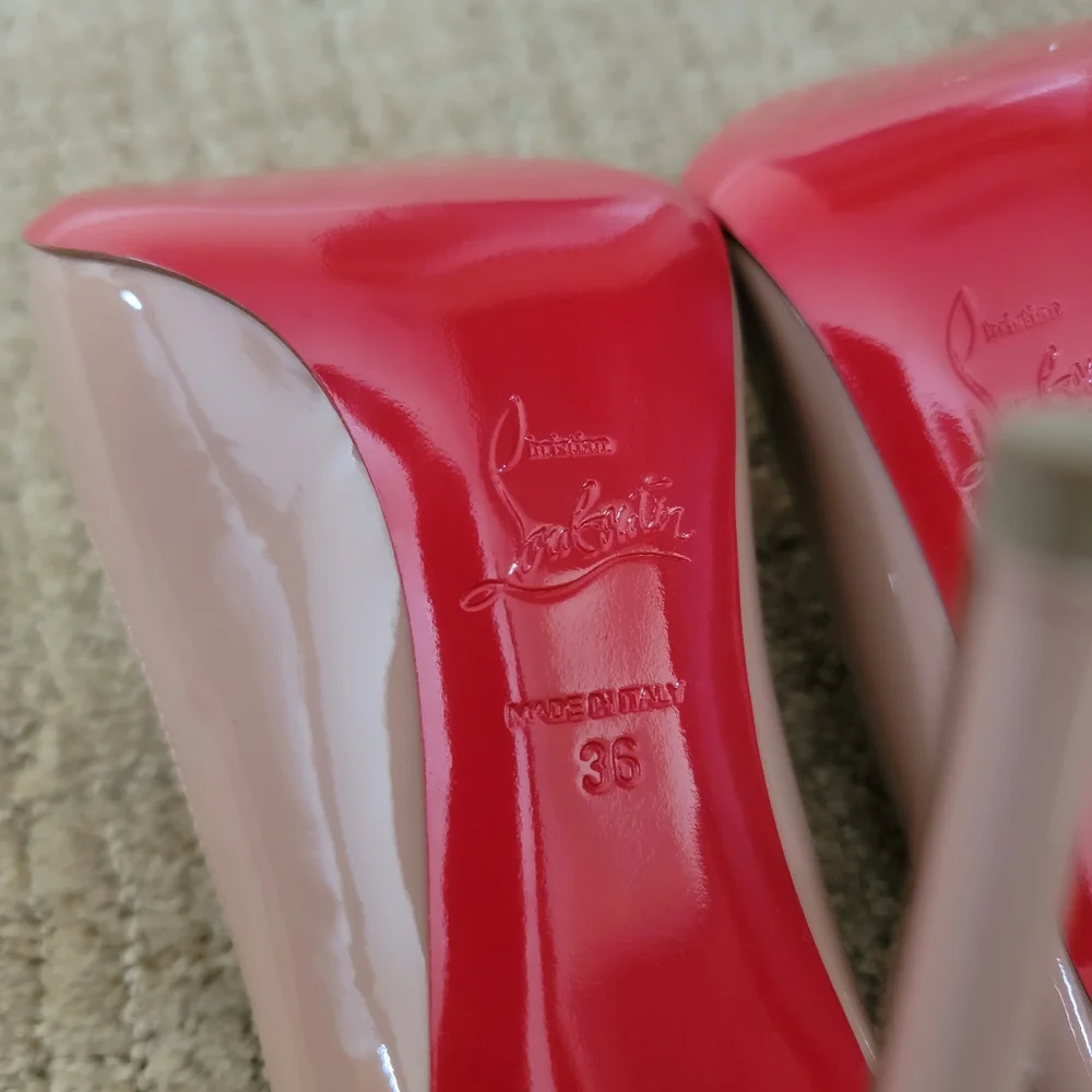 New Christian Louboutin So Kate 100 Nude Patent Leather Heels, Size 36